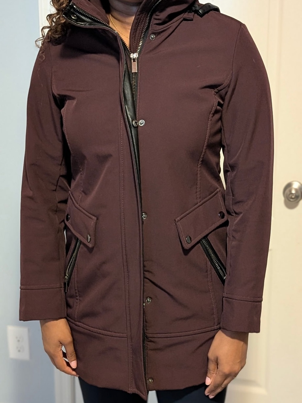 Badgley Mischka Burgundy Hooded Softshell Coat w/ Faux Leather Trim, Size Small